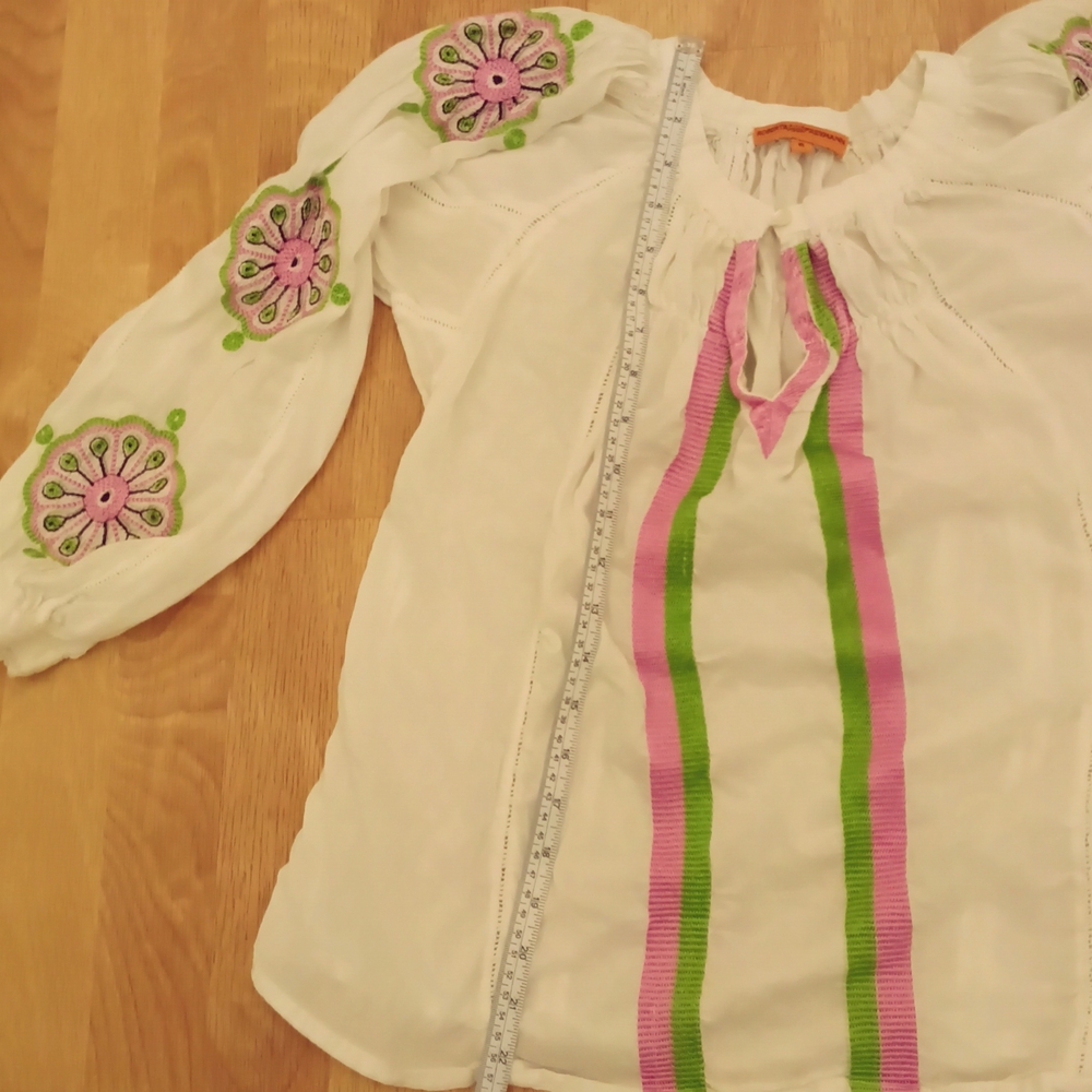 Roberta Freyman Embroidered White Blouse With Pink and Green Accents Size S - Picture 9 of 9